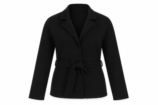 Front view of PRETTYLITTLETHING women’s black polyester basic blouse, size UK 10, v-neck - belted