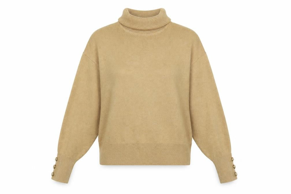 Front view of H&M women’s beige roll neck polyester jumper, size XS