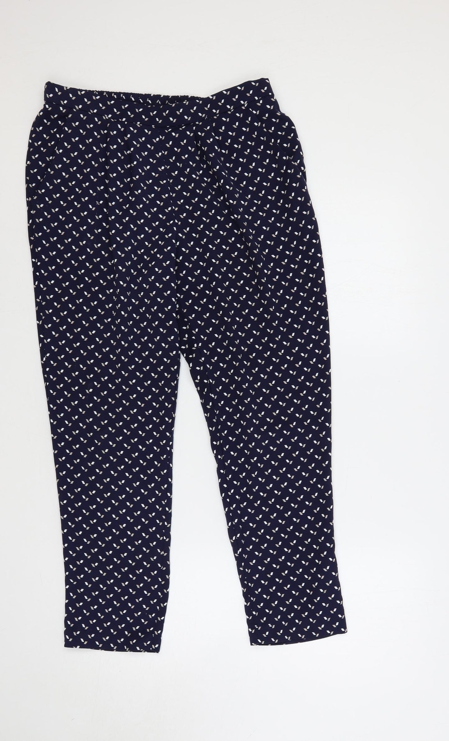 Debenhams Womens Blue Geometric Polyester Trousers Size 12 L27 in Regular - Elastic Waist