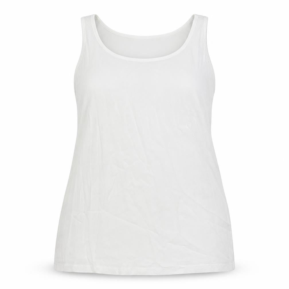 Front view of Ann Harvey women’s white viscose basic tank, size UK 20, scoop neck
