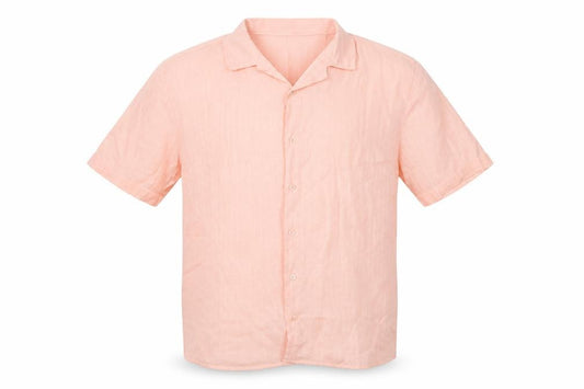 Front view of boohooMAN men’s pink viscose button-up, size L, collared button