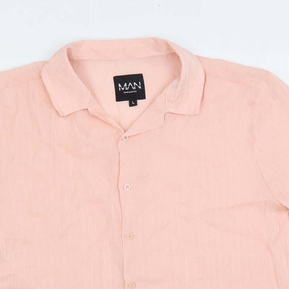 Boohoo MAN Mens Pink Viscose Button-Up Size L Collared Button