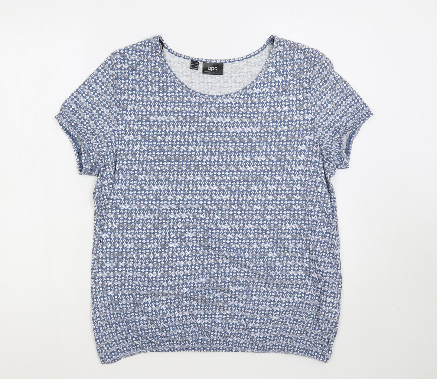bonprix Womens Blue Geometric Cotton Basic T-Shirt Size 14 Boat Neck
