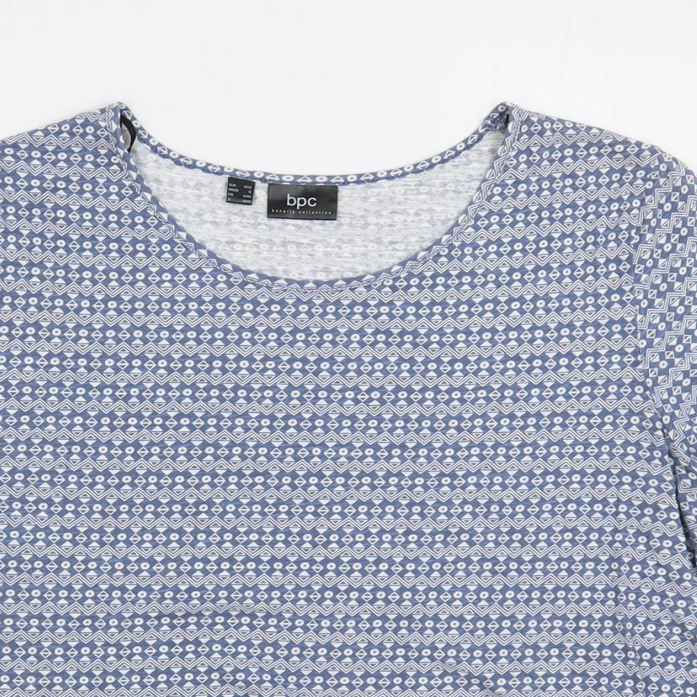 bonprix Womens Blue Geometric Cotton Basic T-Shirt Size 14 Boat Neck
