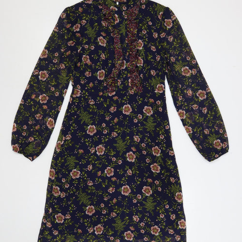 Marks and Spencer Womens Blue Floral Polyester A-Line Size 8 Mock Neck Button