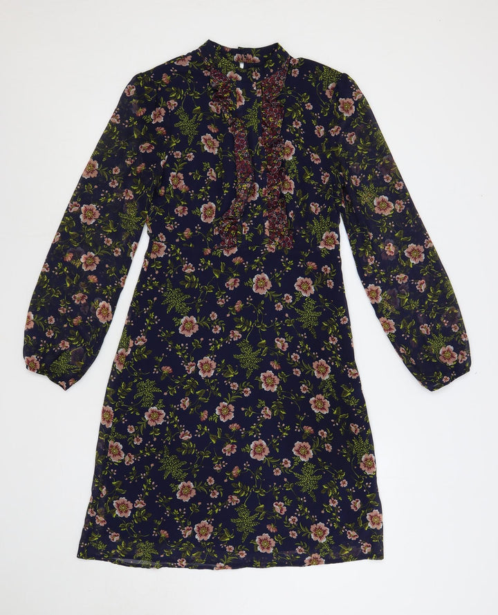 Marks and Spencer Womens Blue Floral Polyester A-Line Size 8 Mock Neck Button