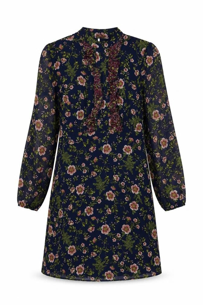 Front view of Marks & Spencer women’s blue floral polyester a-line, size UK 8, mock neck button
