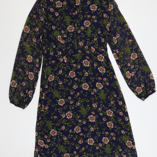 Marks and Spencer Womens Blue Floral Polyester A-Line Size 8 Mock Neck Button