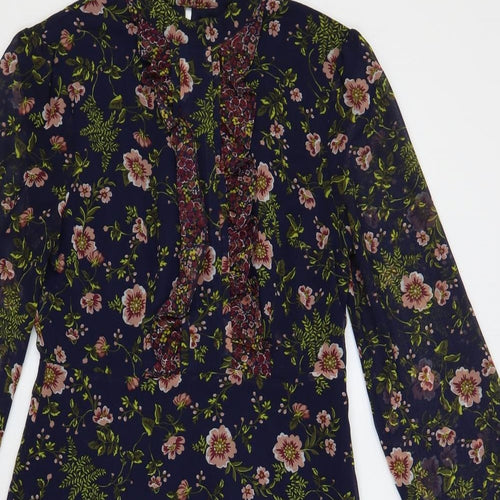 Marks and Spencer Womens Blue Floral Polyester A-Line Size 8 Mock Neck Button