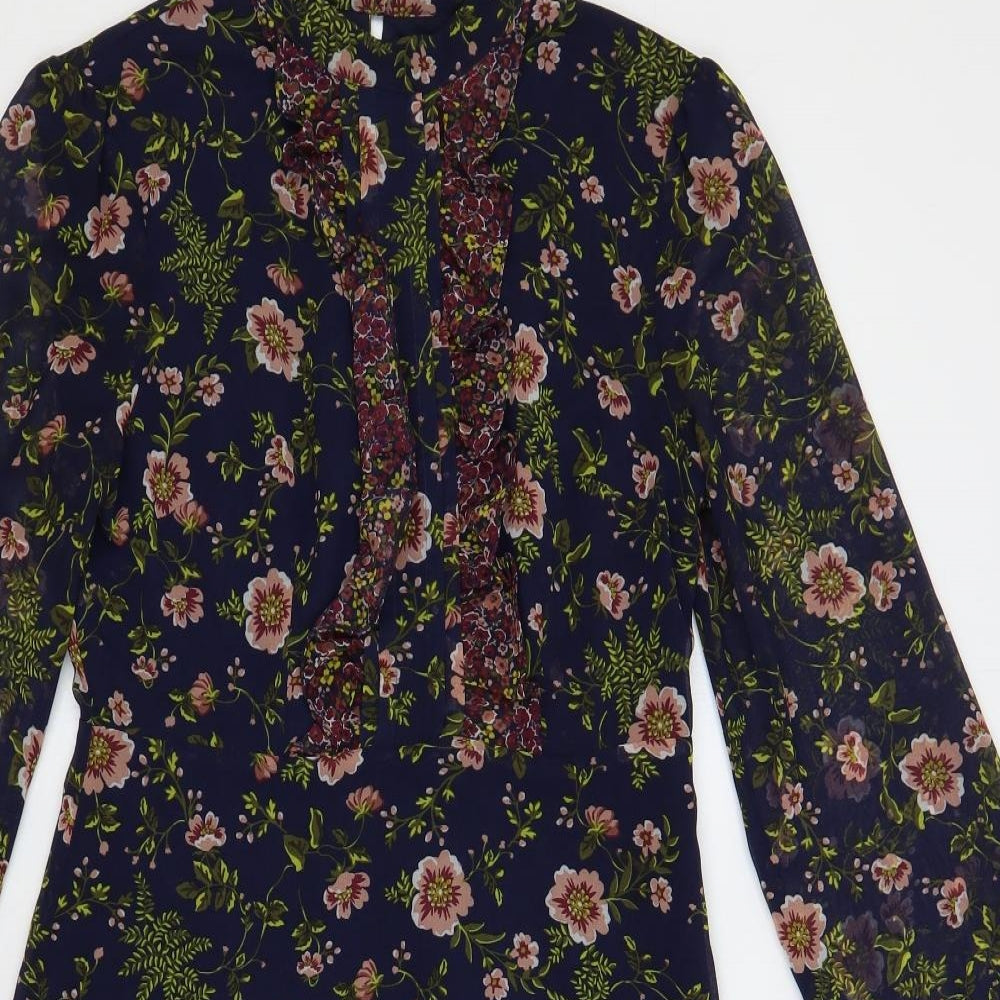 Marks and Spencer Womens Blue Floral Polyester A-Line Size 8 Mock Neck Button