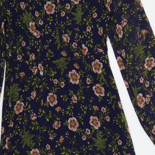 Marks and Spencer Womens Blue Floral Polyester A-Line Size 8 Mock Neck Button