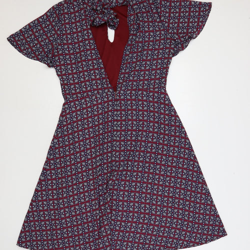 JustFab Womens Red Geometric Polyester A-Line Size XL Mock Neck Zip - Open Back