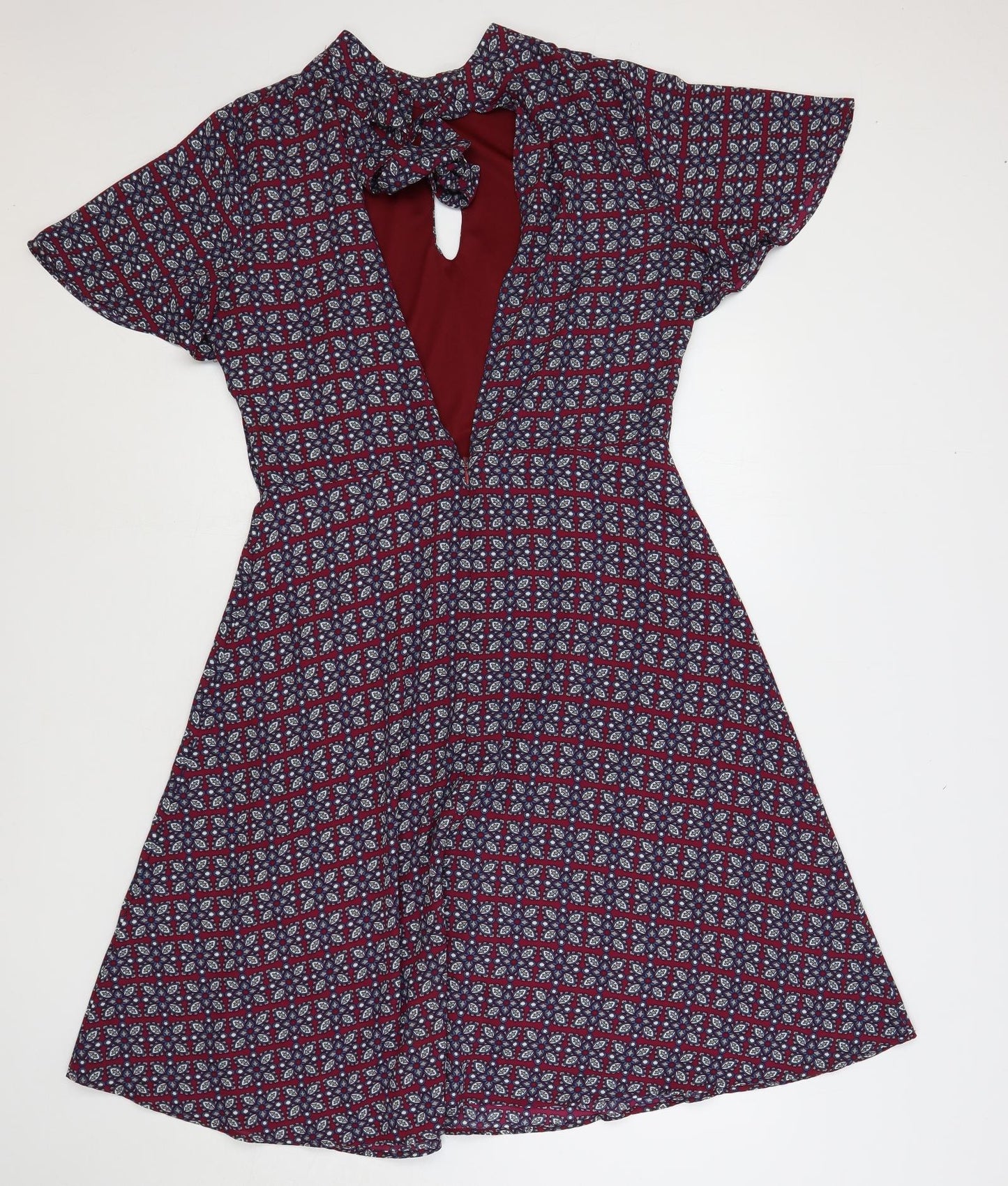 JustFab Womens Red Geometric Polyester A-Line Size XL Mock Neck Zip - Open Back