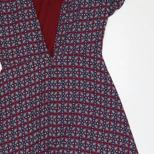JustFab Womens Red Geometric Polyester A-Line Size XL Mock Neck Zip - Open Back