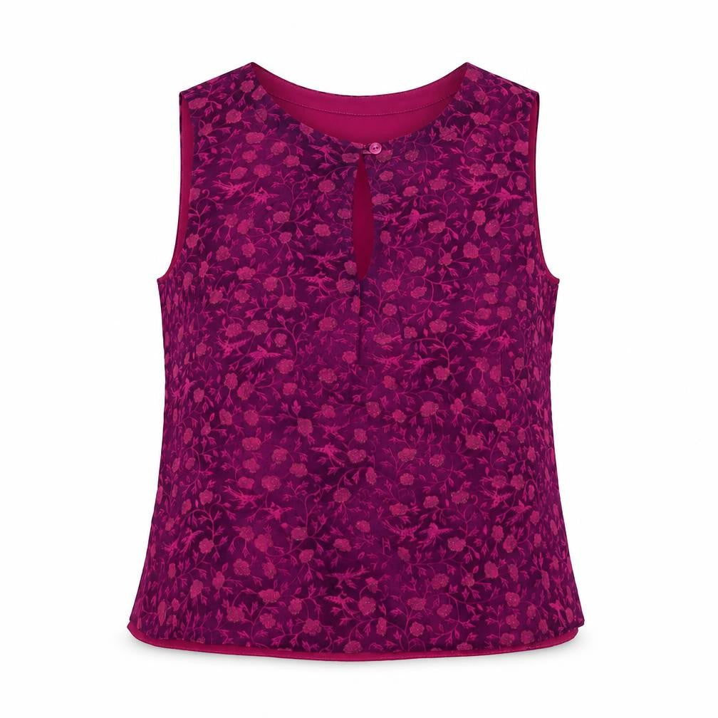 Front view of Anagram women’s purple floral viscose basic blouse, size UK 16, boat neck