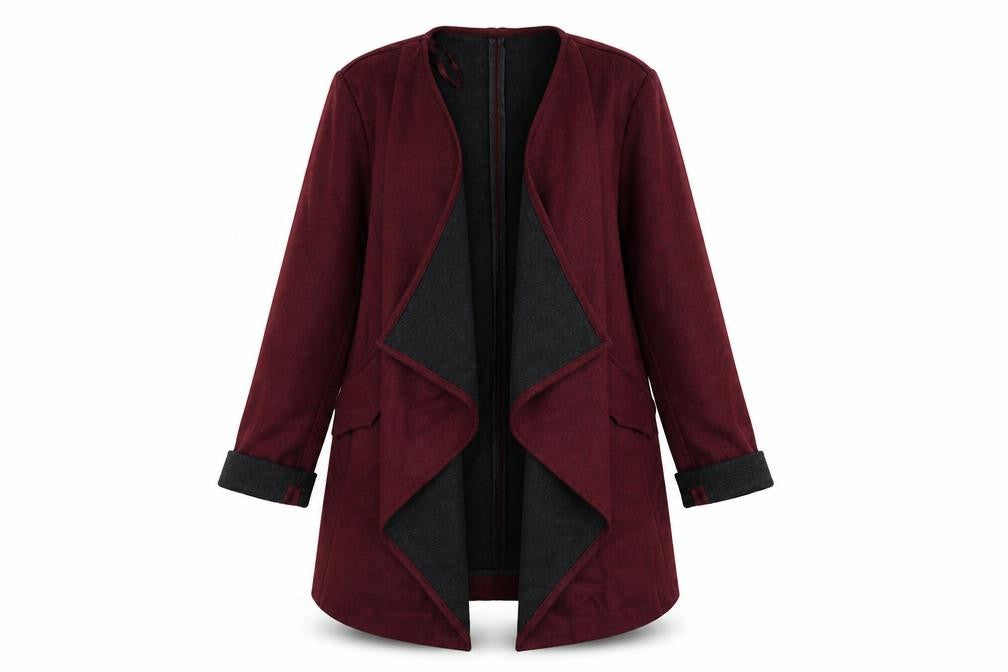 Front view of Red Herring women’s red overcoat coat, size UK 12, - waterfall front