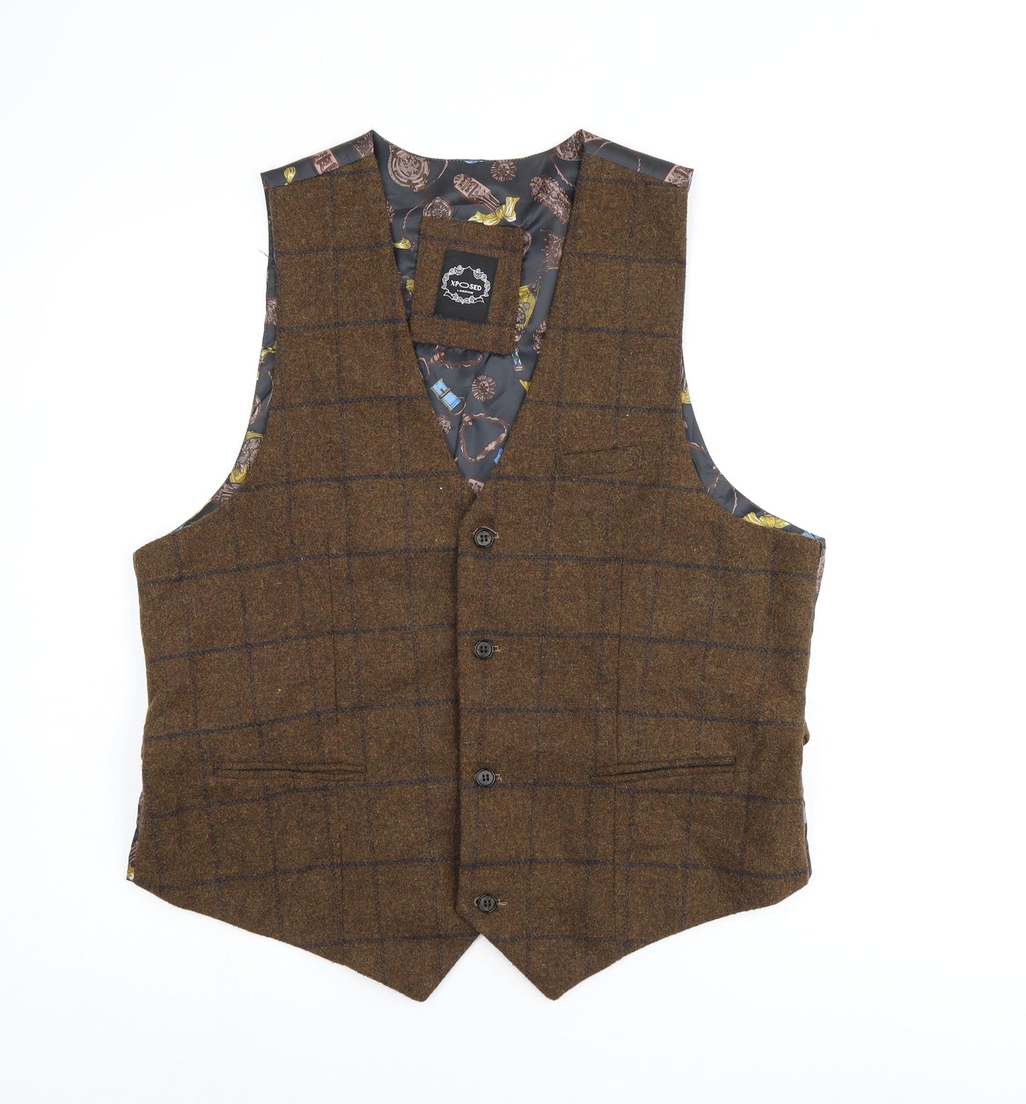 Xposed London Mens Brown Plaid Polyester Jacket Suit Waistcoat Size 42 Regular