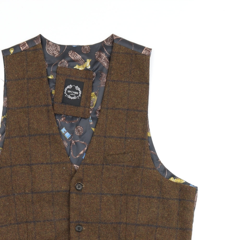 Xposed London Mens Brown Plaid Polyester Jacket Suit Waistcoat Size 42 Regular