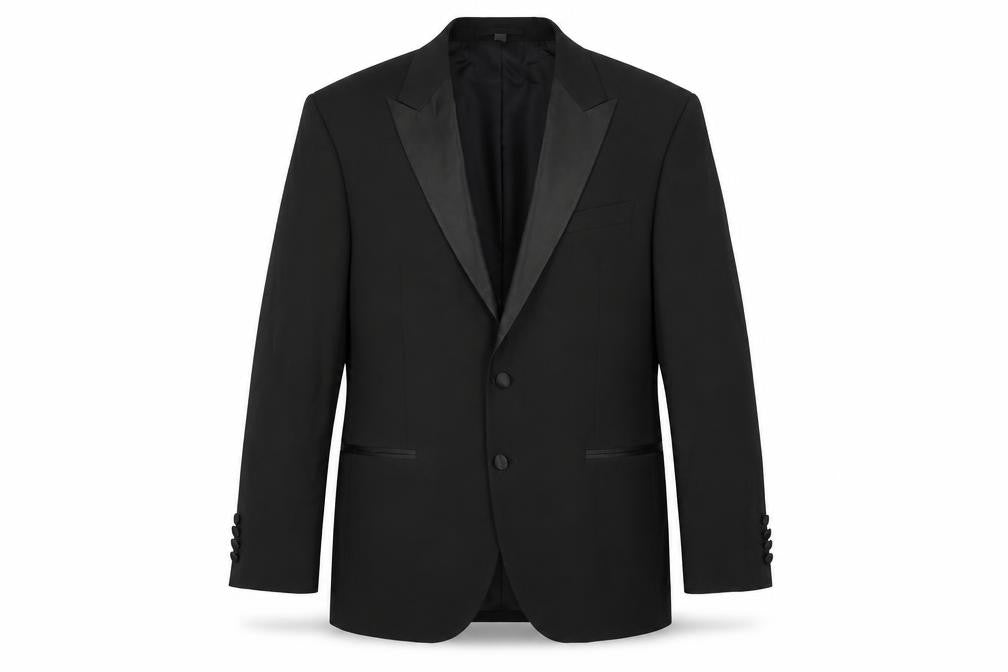 Front view of Marks & Spencer men’s black polyester jacket suit, size 42, regular