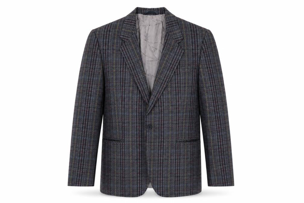 Front view of Toscana men’s grey plaid wool jacket suit jacket, size 46, regular