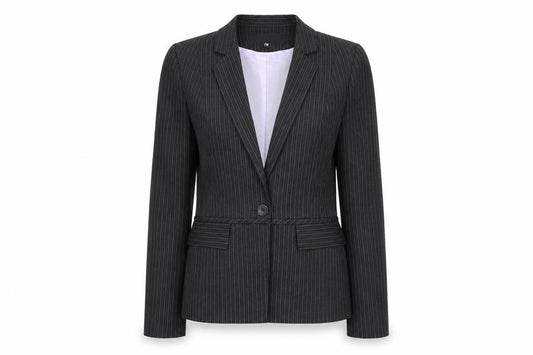 Front view of Warehouse women’s black striped polyester jacket suit jacket, size UK 12