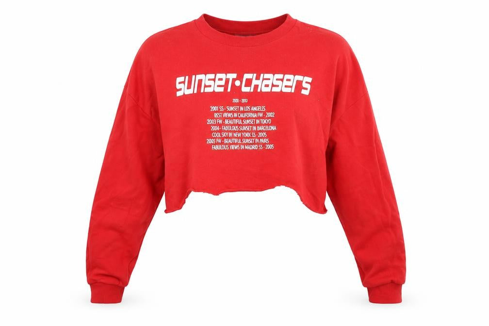 Front view of Zara women’s red cotton pullover sweatshirt, size S, pullover - cropped, sunset chasers