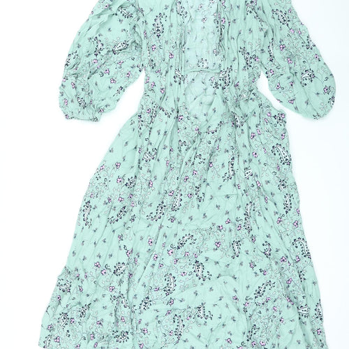 Per Una Womens Green Floral Viscose Kaftan Size 8 V-Neck Button