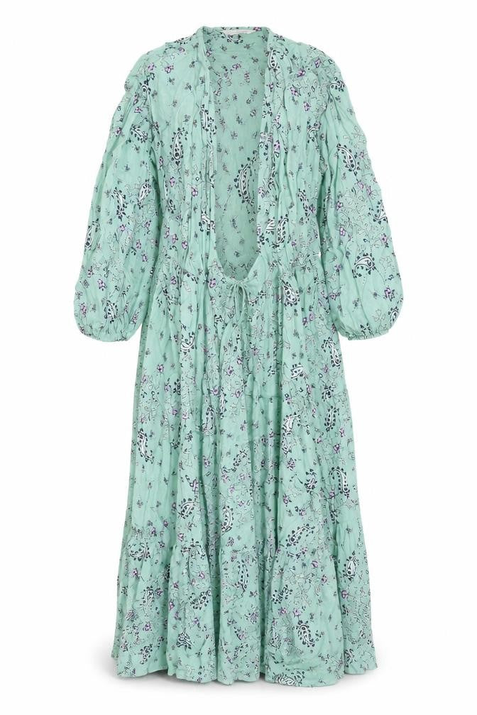 Front view of Per Una women’s green floral viscose kaftan, size UK 8, v-neck button