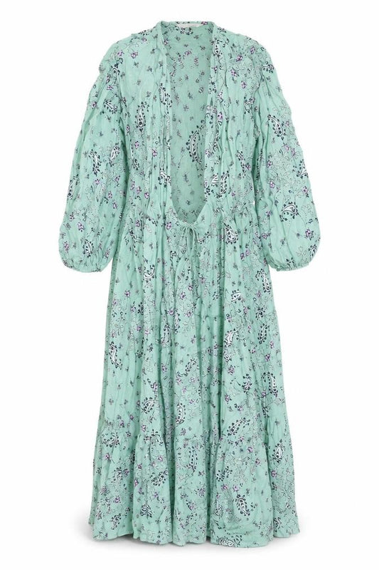 Front view of Per Una women’s green floral viscose kaftan, size UK 8, v-neck button