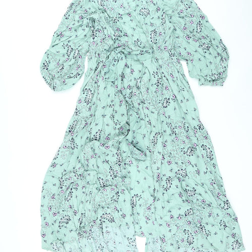 Per Una Womens Green Floral Viscose Kaftan Size 8 V-Neck Button