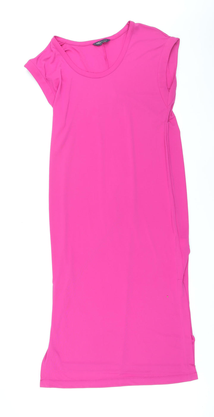Marks and Spencer Womens Pink Polyester Maxi Size 8 Round Neck Pullover - Side Slits