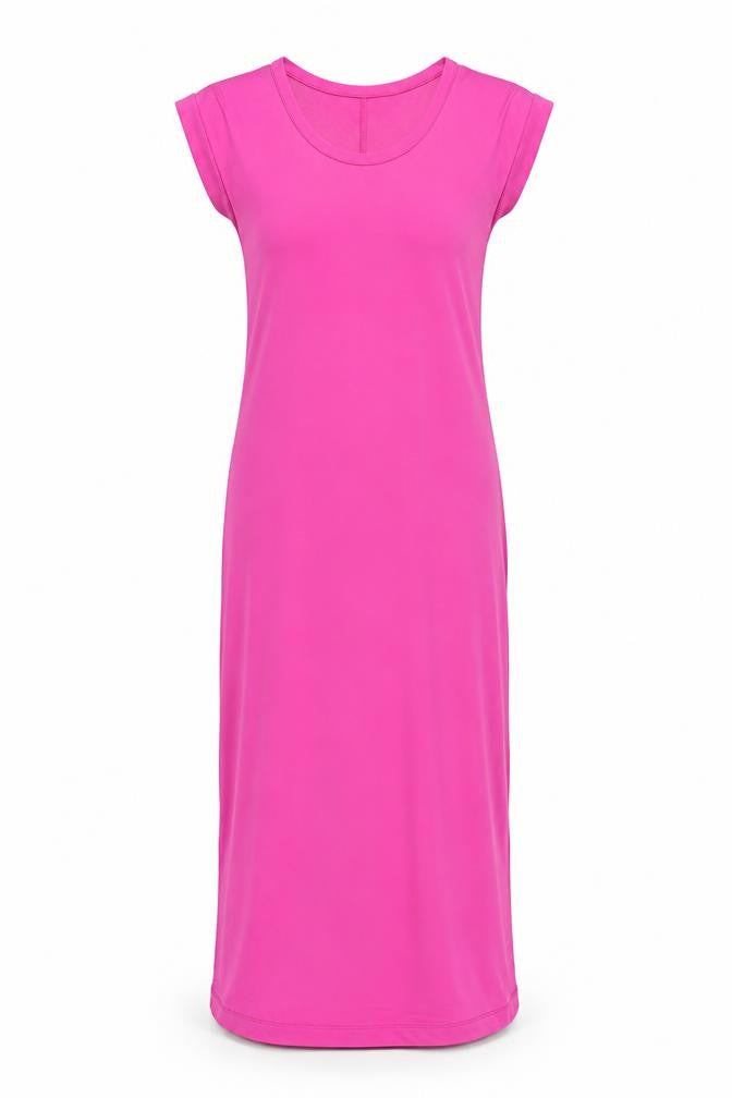 Front view of Marks & Spencer women’s pink polyester maxi, size UK 8, round neck pullover - side slits