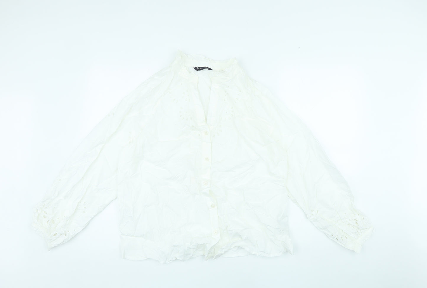 Marks and Spencer Womens White Cotton Basic Blouse Size 12 V-Neck - Broderie Anglaise
