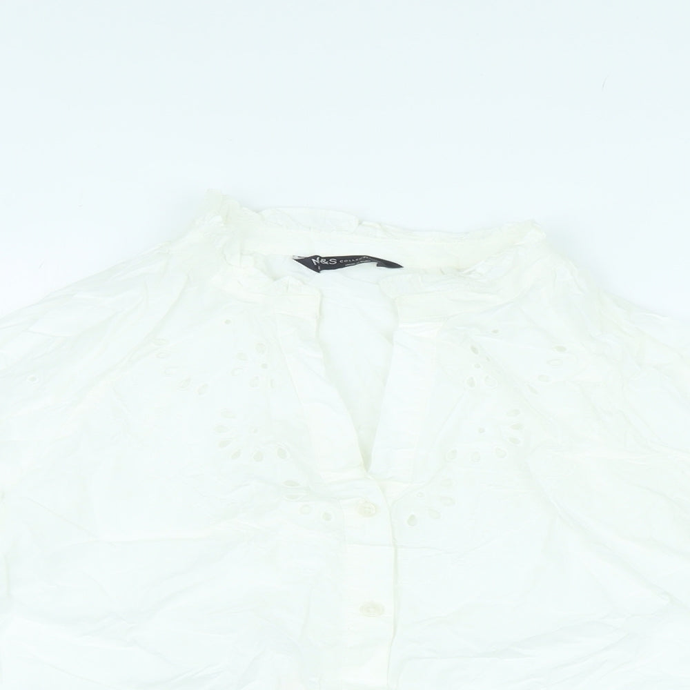 Marks and Spencer Womens White Cotton Basic Blouse Size 12 V-Neck - Broderie Anglaise