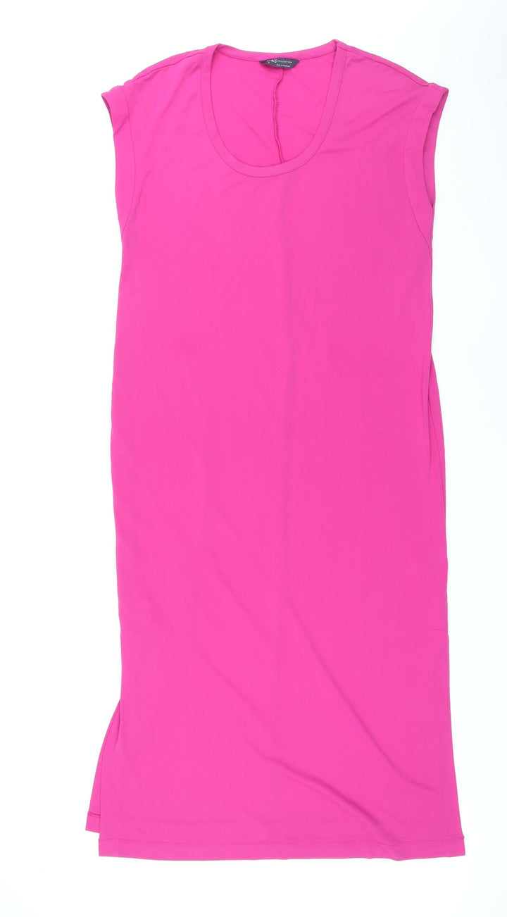 Marks and Spencer Womens Pink Polyester T-Shirt Dress Size 10 Scoop Neck Pullover - Side Slits
