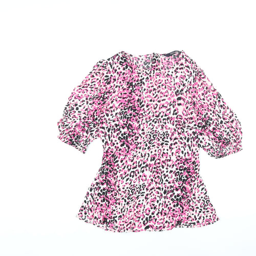 Marks and Spencer Womens Pink Animal Print Viscose Basic Blouse Size 6 Round Neck - Leopard Print