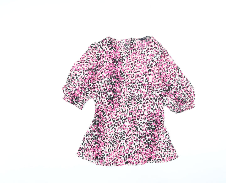 Marks and Spencer Womens Pink Animal Print Viscose Basic Blouse Size 6 Round Neck - Leopard Print