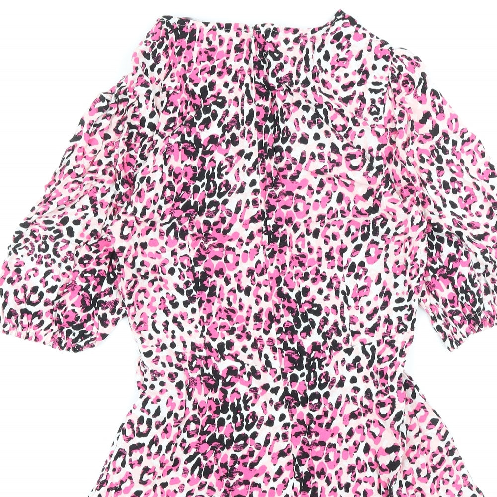 Marks and Spencer Womens Pink Animal Print Viscose Basic Blouse Size 6 Round Neck - Leopard Print