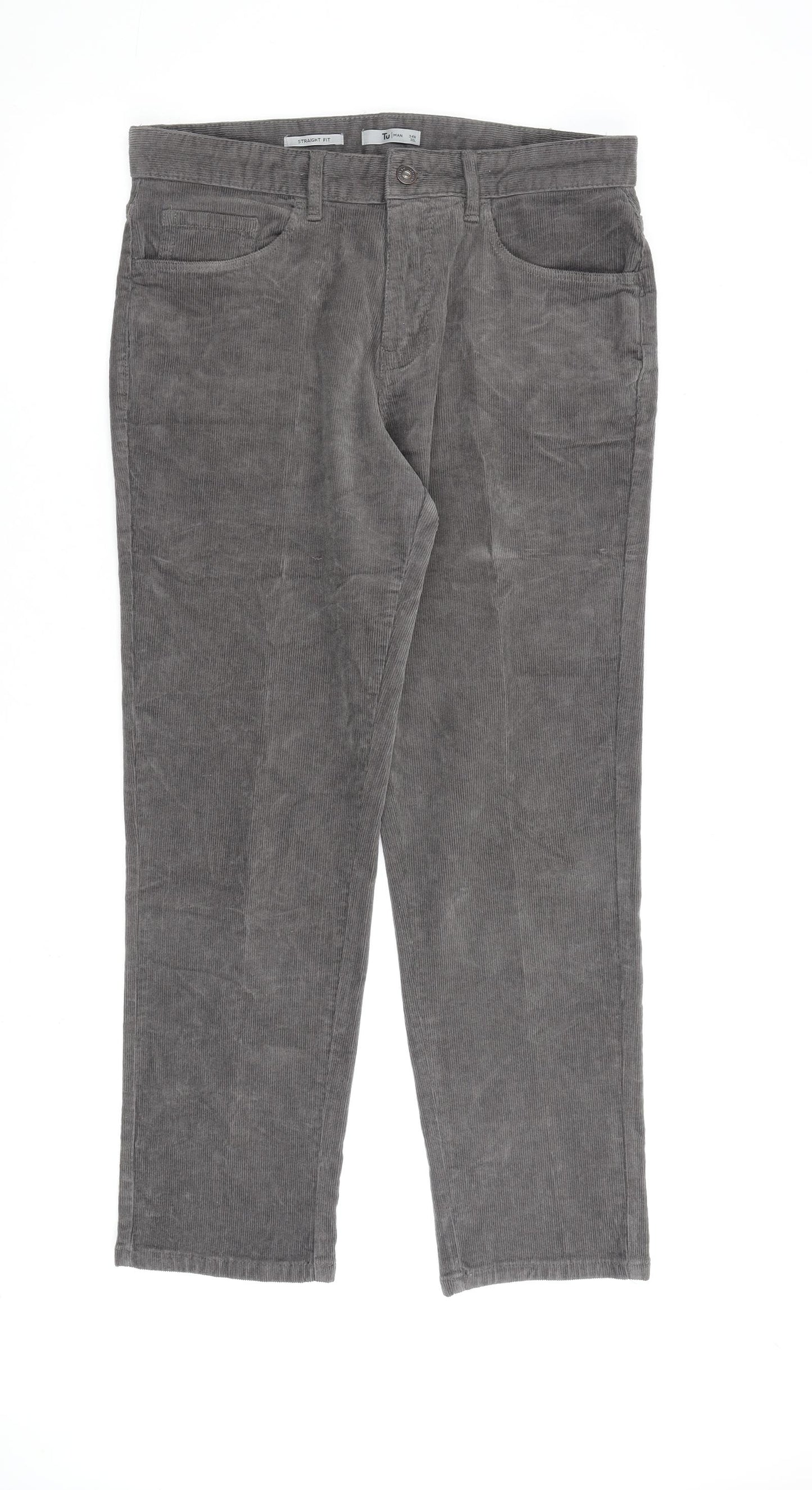 TU Mens Grey Cotton Trousers Size 34 in L30 in Regular Zip