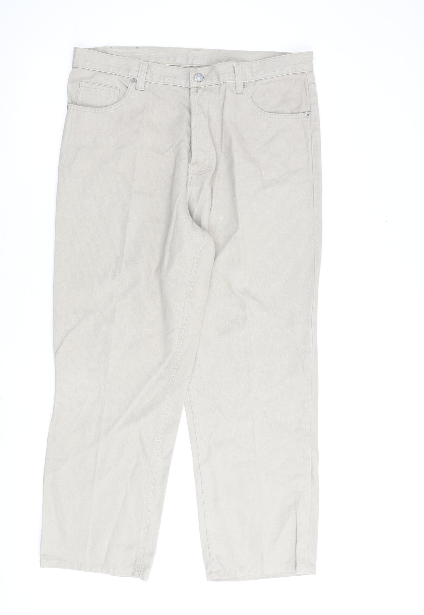 Blue Retro Mens Beige Cotton Straight Jeans Size 36 in L30 in Regular Button