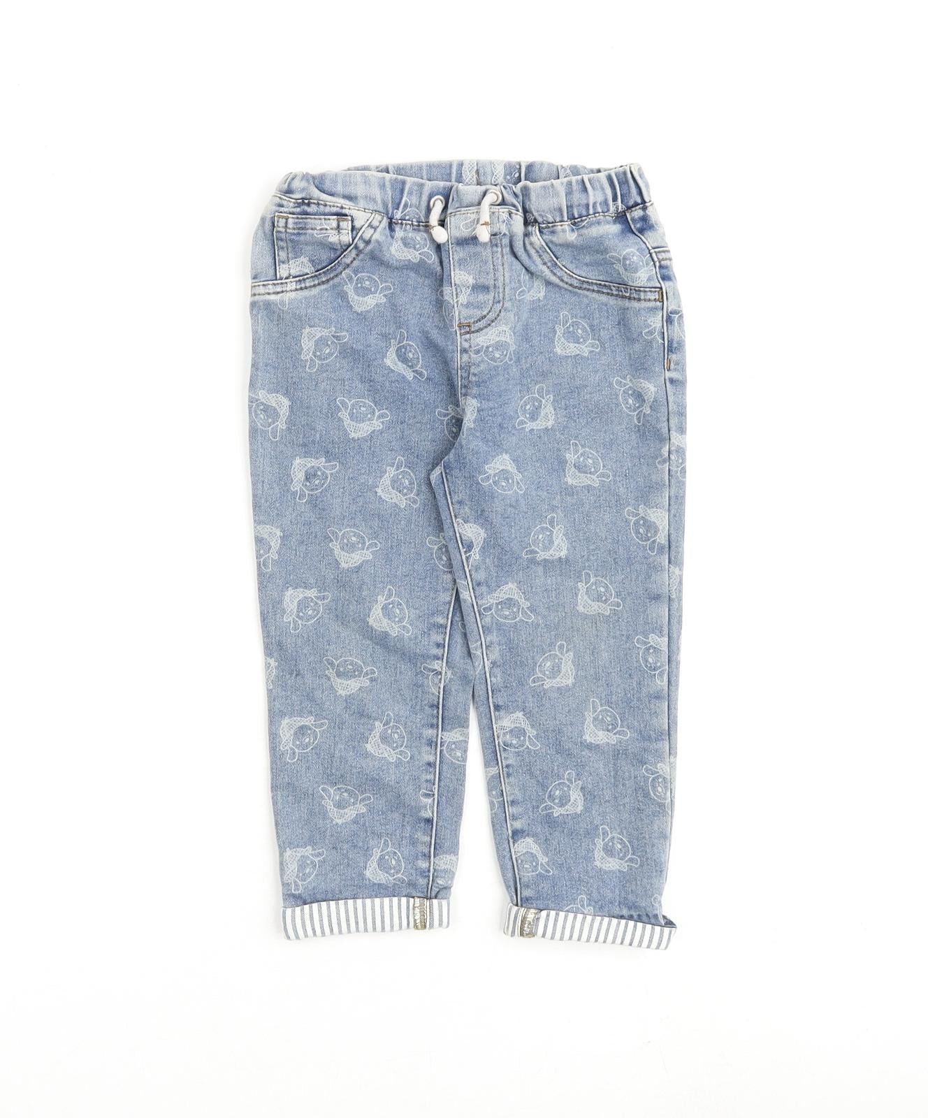 So Cute Girls Blue Geometric Cotton Straight Jeans Size 2-3 Years Regular Drawstring