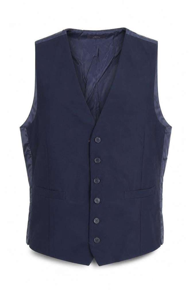 Front view of Marks & Spencer men’s blue wool jacket suit waistcoat, size M, regular