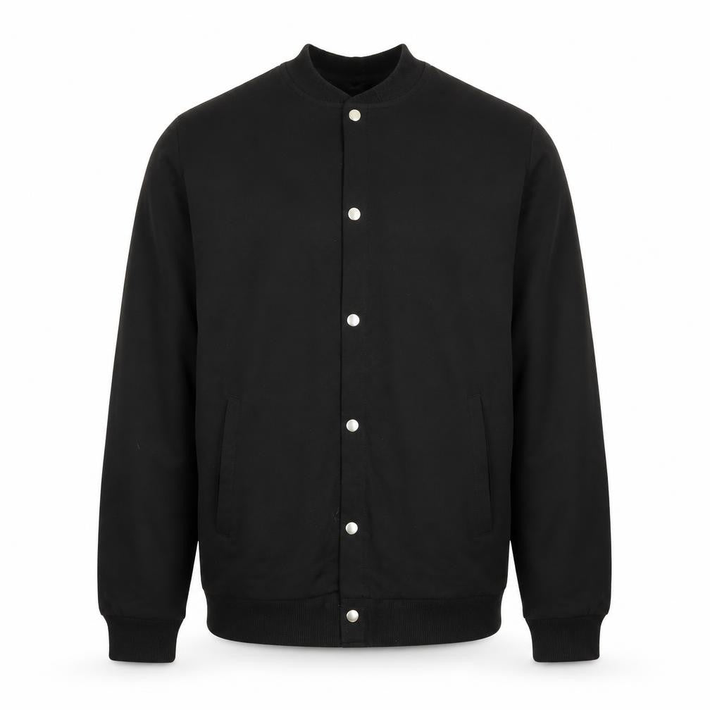 Front view of ASOS men’s black jacket, size L, snap - tall