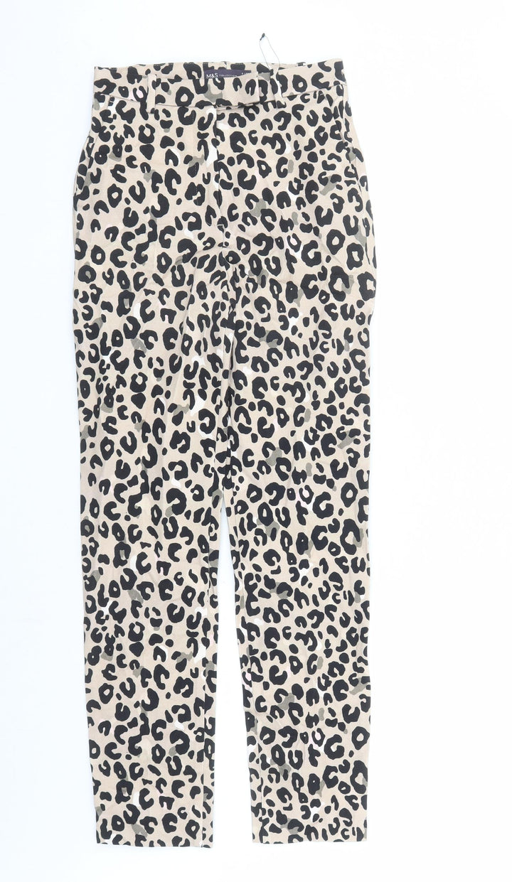 Marks and Spencer Womens Brown Animal Print Viscose Trousers Size 6 L28 in Regular Zip - Leopard Pattern