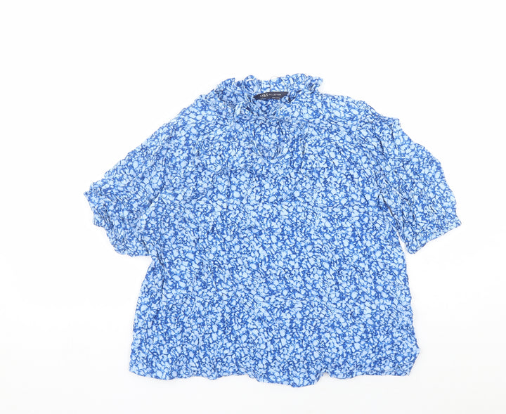 Marks and Spencer Womens Blue Geometric Viscose Basic Blouse Size 10 Round Neck - Keyhole Neckline