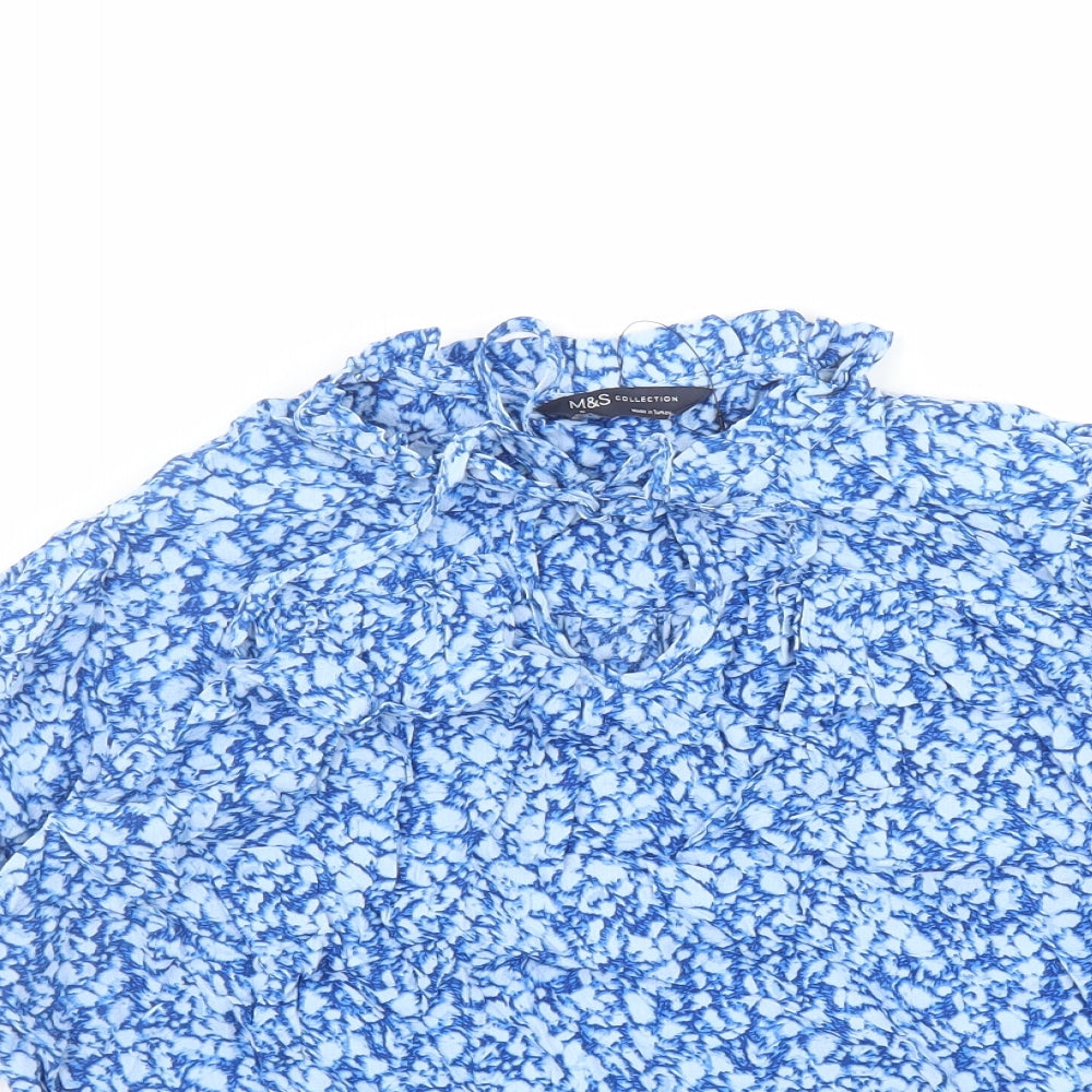 Marks and Spencer Womens Blue Geometric Viscose Basic Blouse Size 10 Round Neck - Keyhole Neckline