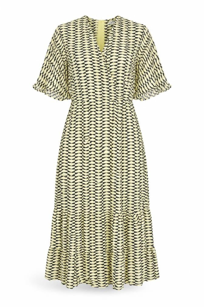 autogr Womens Yellow Geometric Viscose A-Line Size 6 Round Neck Zip