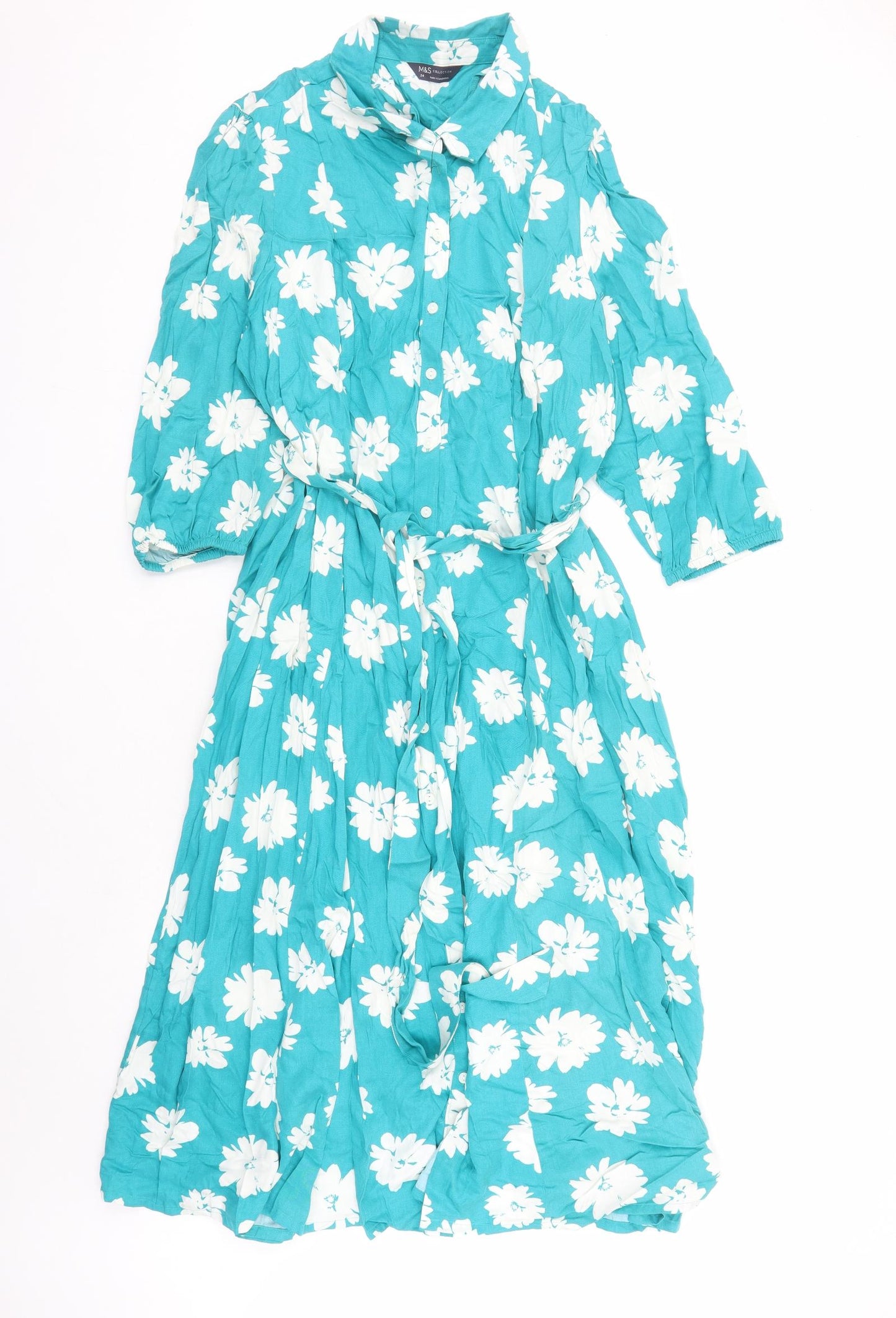 Marks and Spencer Womens Green Floral Viscose Shirt Dress Size 24 Collared Button