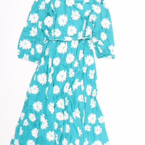 Marks and Spencer Womens Green Floral Viscose Shirt Dress Size 24 Collared Button