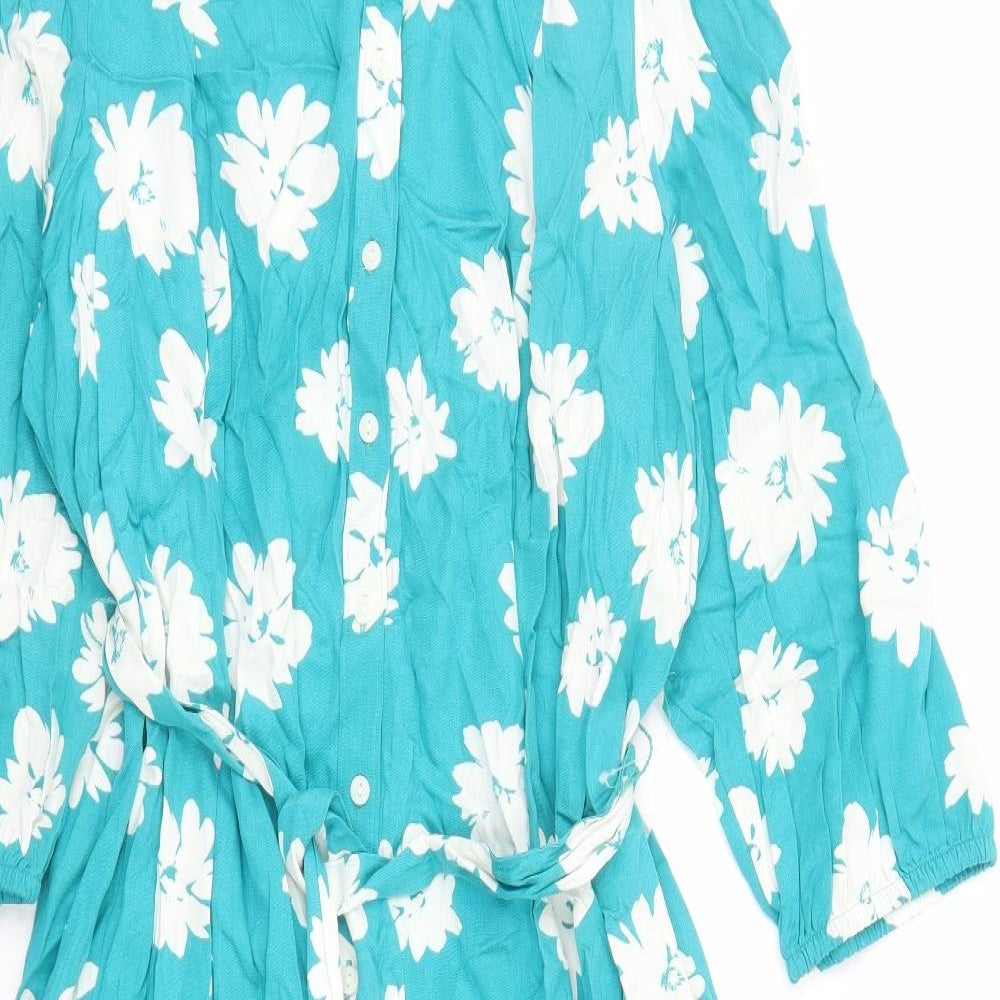 Marks and Spencer Womens Green Floral Viscose Shirt Dress Size 24 Collared Button